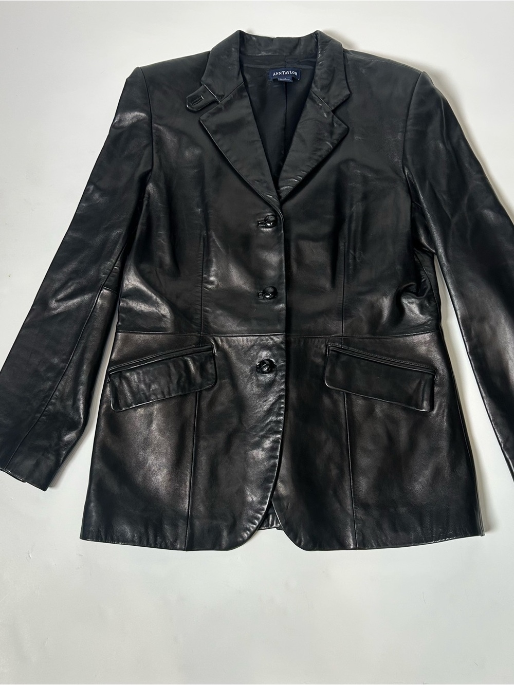 Ann Taylor Black Leather Button-Front Blazer
